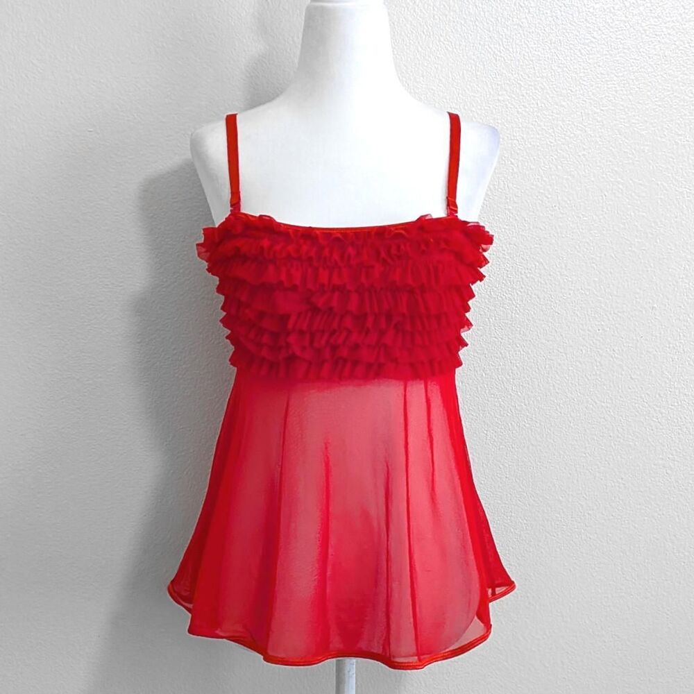 Coquette Red Ruffled Sheer Micromesh Skirt Babydoll Top Festival | Size OS